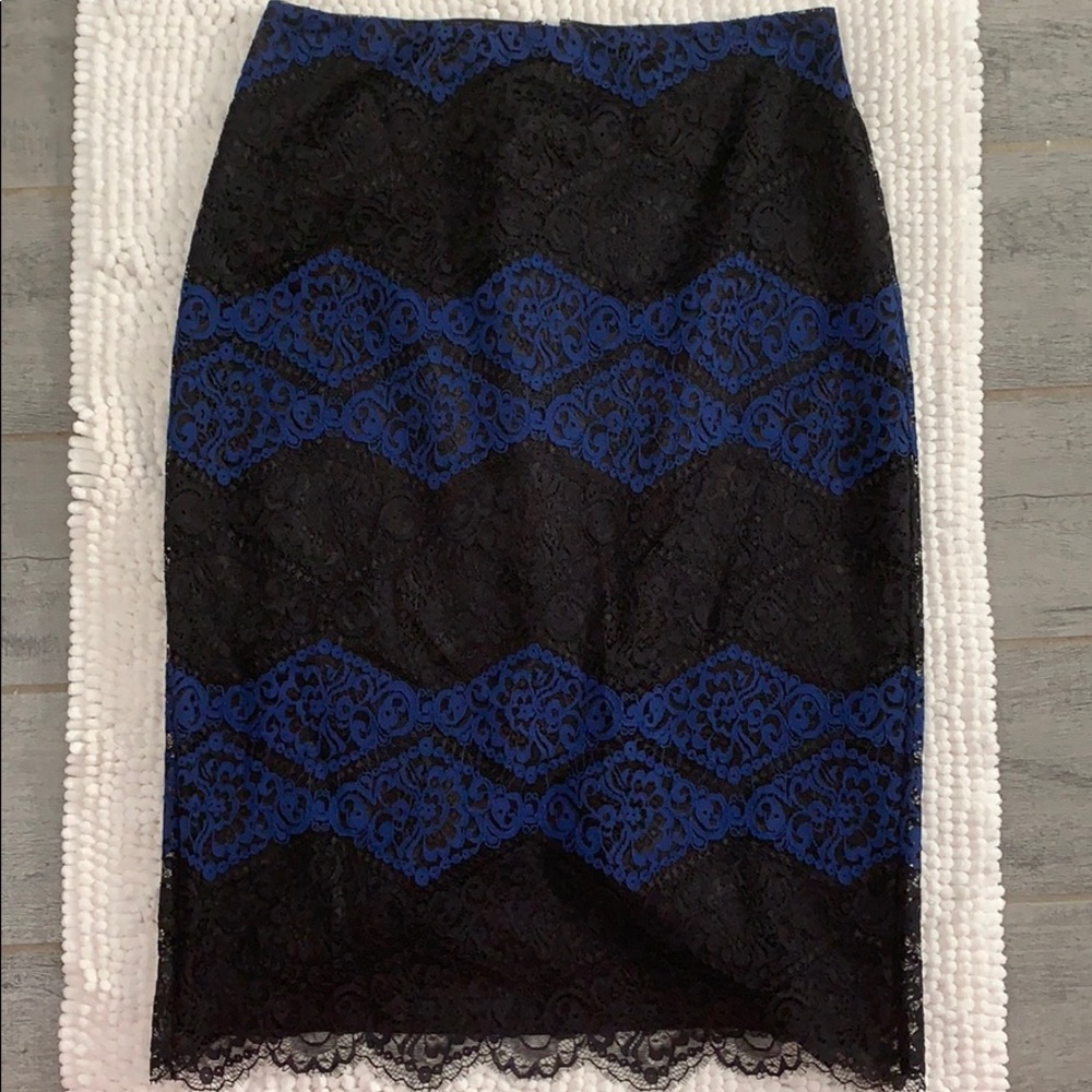 NWOT Express Blue and Black lace pencil skirt 4